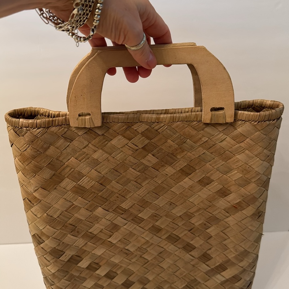 Handwoven Rectangular Deep Tropical Purse Bag with Wooden Handles 15”x13” - Picture 2 of 13